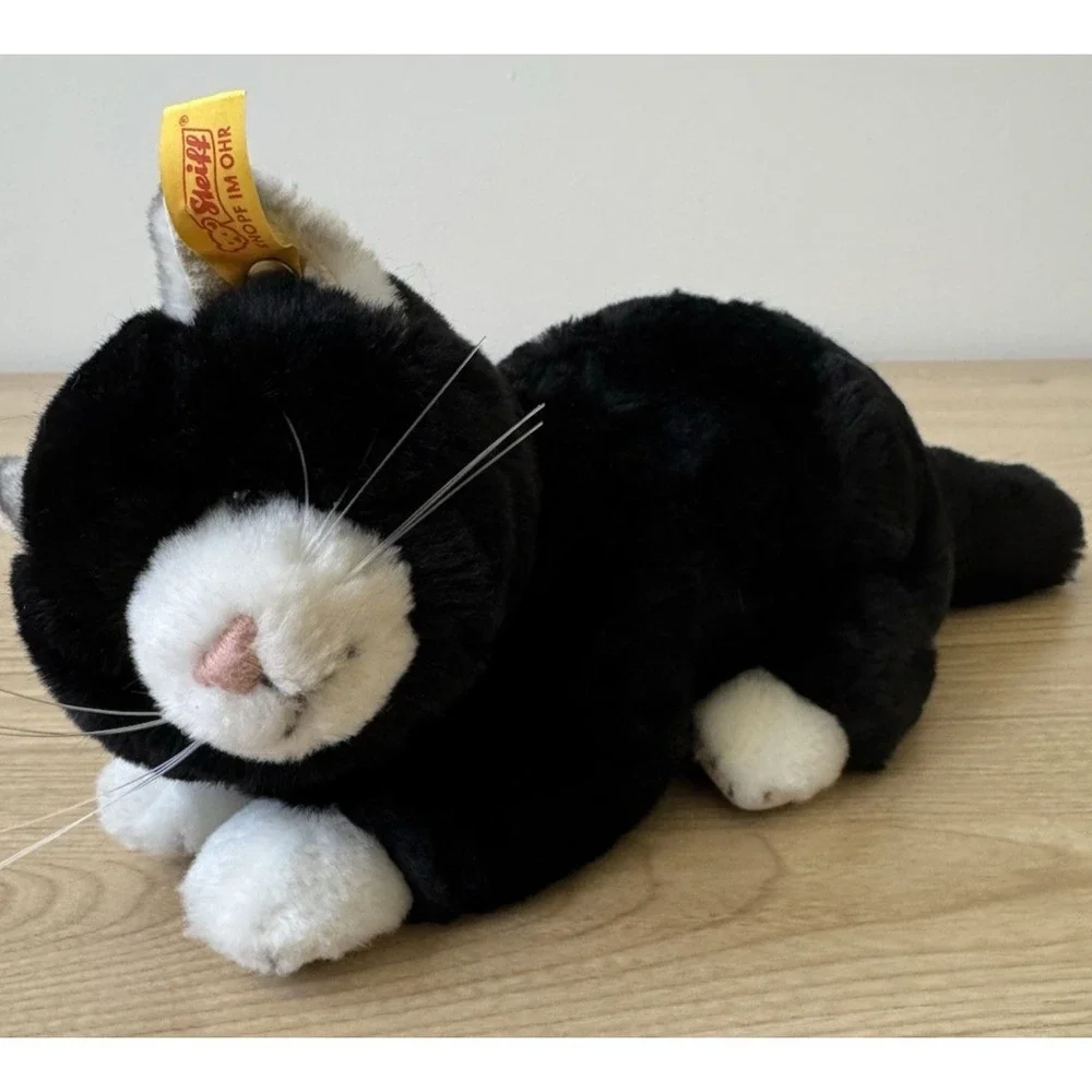 Vintage Steiff Mimmi Katze Cat Plush Lying Black White 30cm EAN 099502